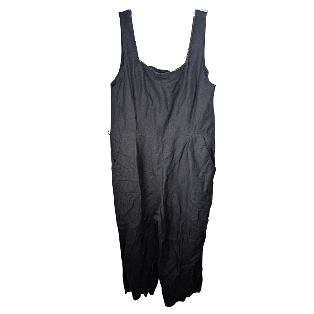 LOFT Womens Jumpsuit 8P Black Linen Blend Eyelet Trim Zipper Sleeveless Wide Leg